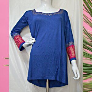 BLUE Boho Tunic Long Sleeve Kurti Large